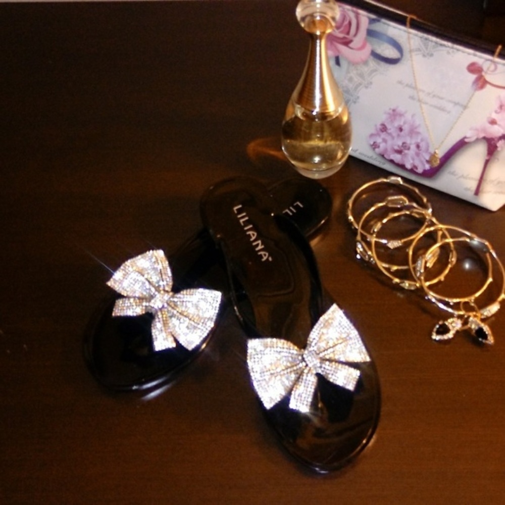 Liliana Black Rhinestone Bow Thong Flat Sandal
